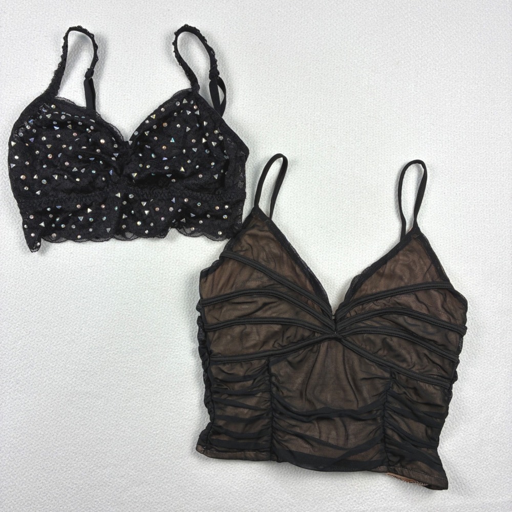 Forever 21 PINK Victoria's Secret Crop Top Bralette Black Rhinestone Mesh S